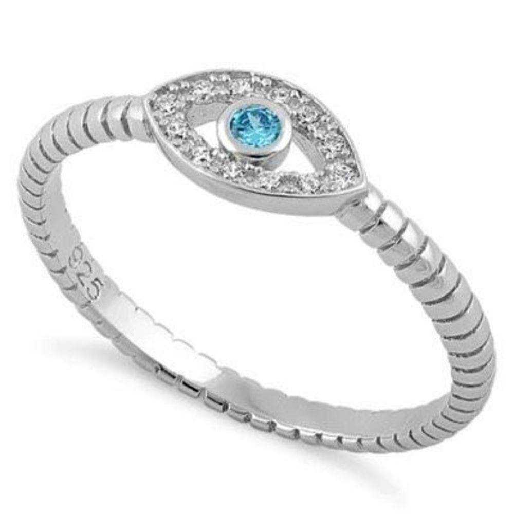 Aquamarine Blue Stone Evil Eye Sterling Silver Ring New